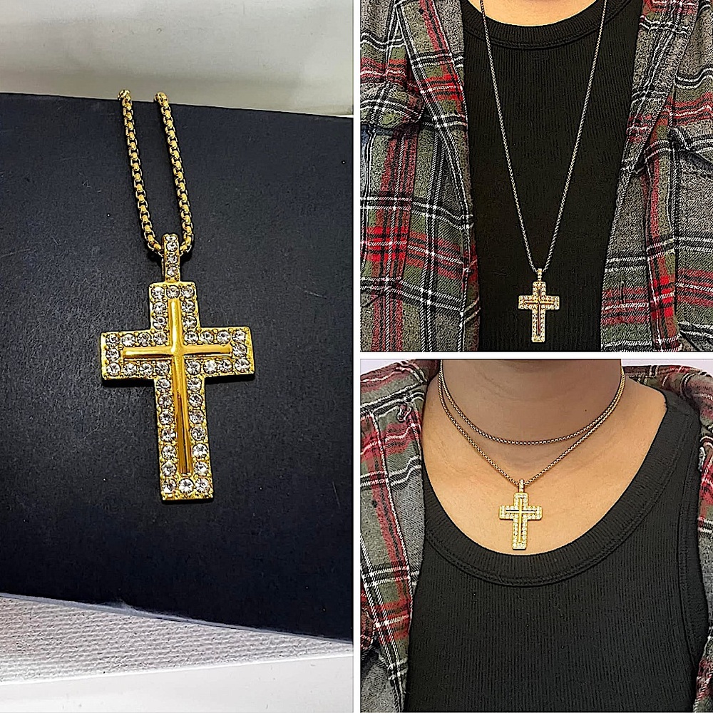 18k Gold CZ Cross Pendant Chain - Picture 3 of 3